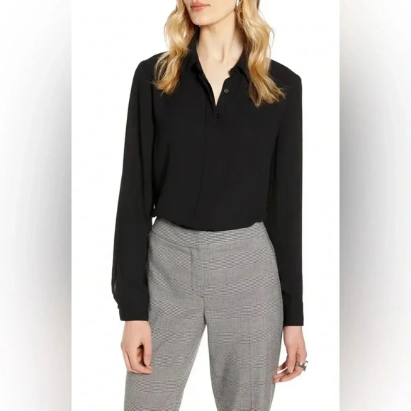 Halogen Tops - Halogen Hidden Button Long Sleeve Black Blouse